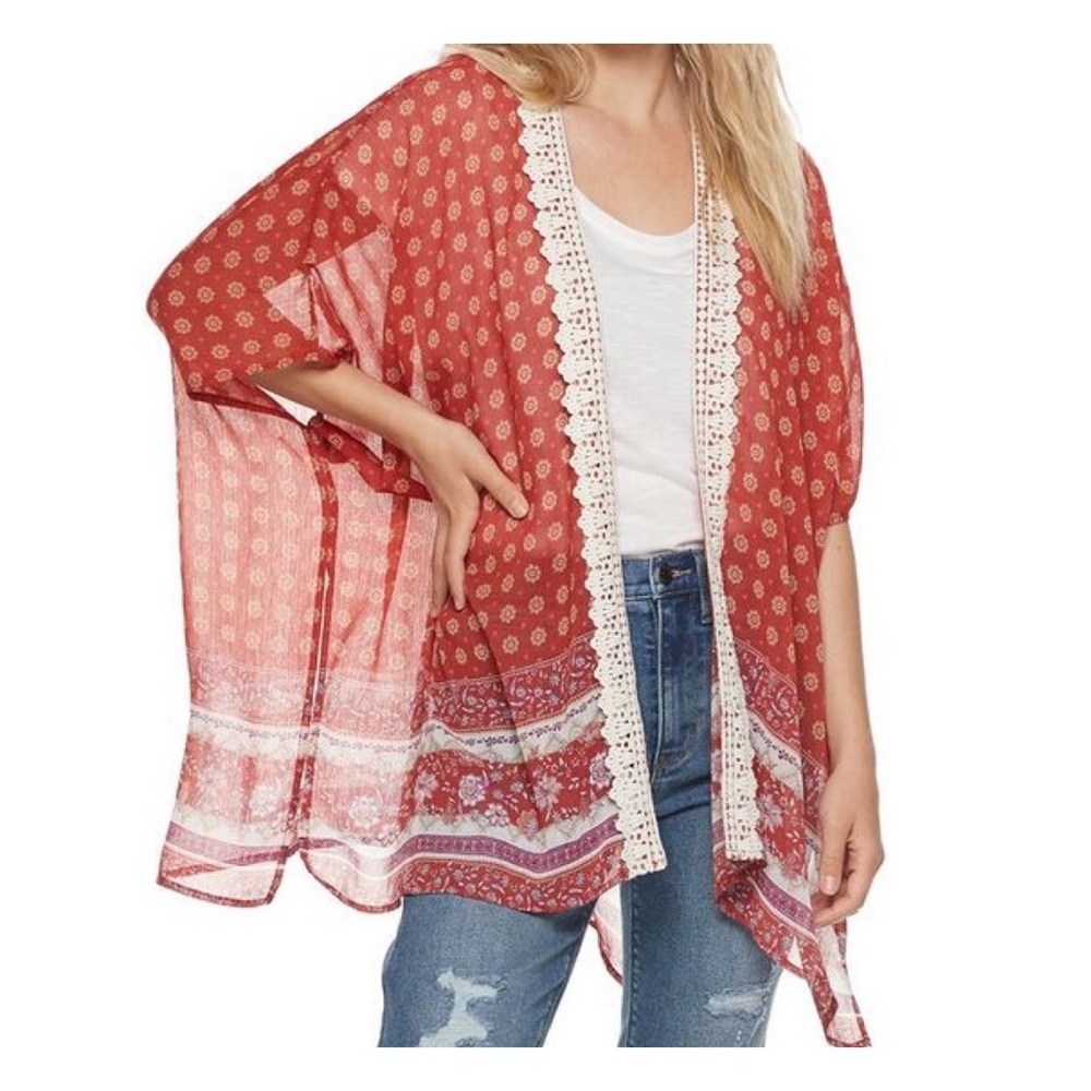 Rewind red kimono shawl with trim